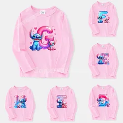 Disney Stitch Long Sleeve T-shirt Cartoon Lilo Stich Angel Name Combination Letter Print Tee Shirts Cute Pink Clothes for Girls