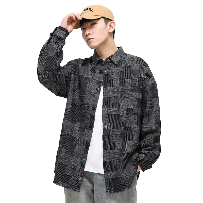 Maden Japanese Retro Boro Denim Shirts for Men Jacquard Patchwork Long-Sleeve Button Down Shirt Jacket Oversize Spring Outerwear