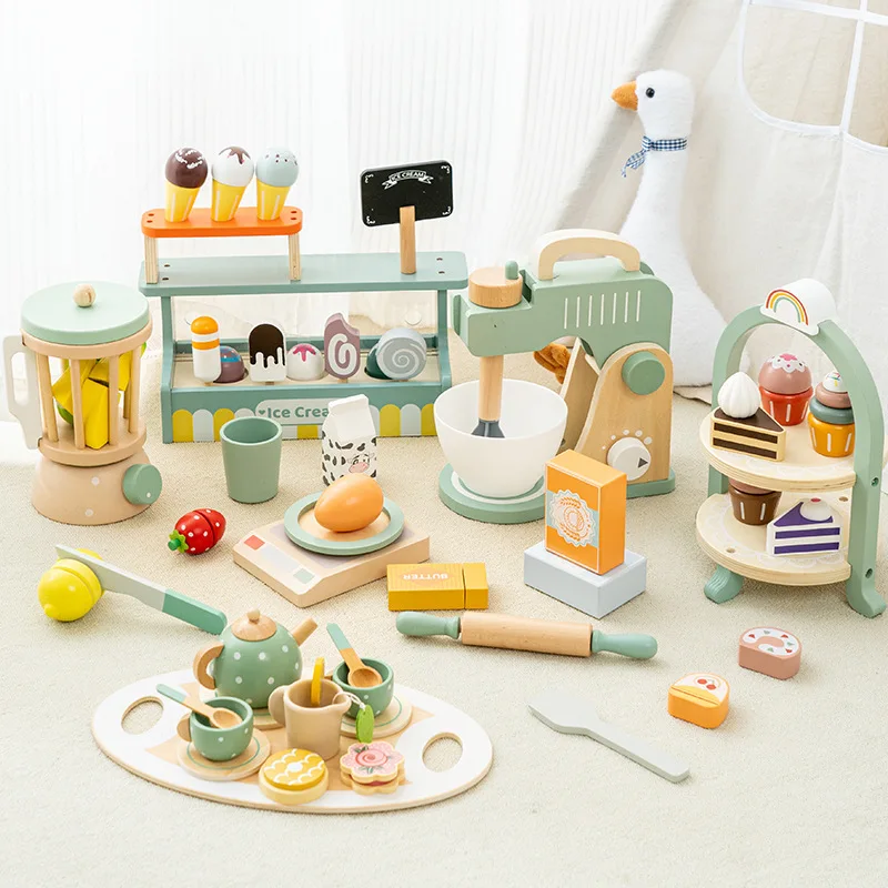 Wooden Pretend Play Kitchen Toys Coffee Machine Tea Set Toy Cake Ice Cream Play Set Learning Toys for Girls Boys Children Gifts