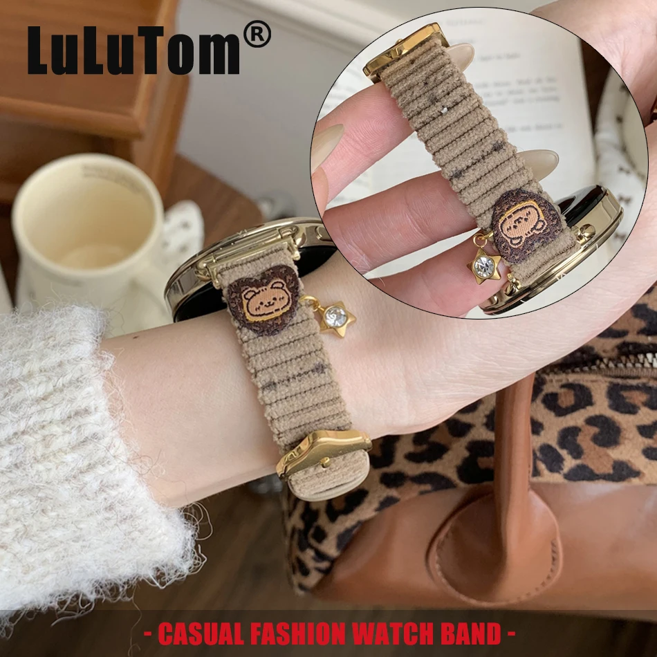 

Bear Corduroy Leather Watch Band for Samsung Galaxy Watch 8 7 6 5 4 40/44/47mm Huawei GT 3 Pro 41/46mm Strap 18/20/22mm Bracelet