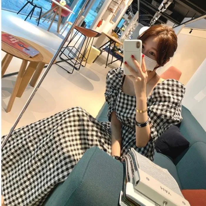

Plaid Bubble Sve Dr Square Collar Spring Autumn Winter Women's Faion Korean Sle Online Exclusive Soft Medium