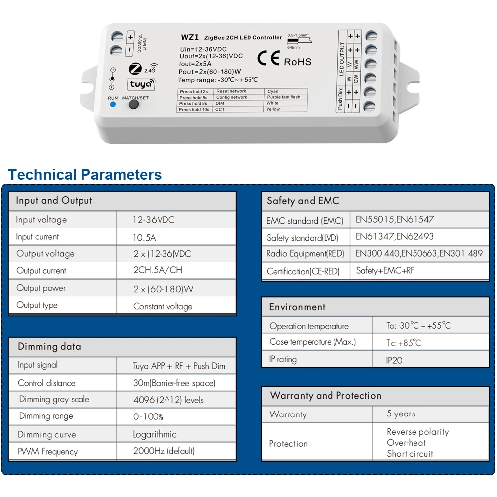 Imagem -03 - Zigbee-controlador rf 2ch Led Voz Smart Dimmer 12v 24v 36v Strip Dimming Kit sem Fio Controle Remoto 2.4g rf