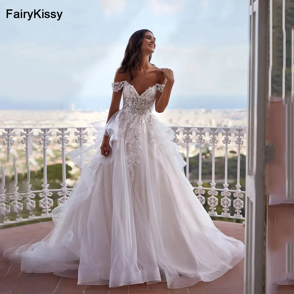 

FairyKissy Элегантное свадебное платье трапециевидной формы с кружевной аппликацией, 2025 г., с открытыми плечами и пуговицами в форме сердца, Vestidos De Novia, пляжные платья невесты