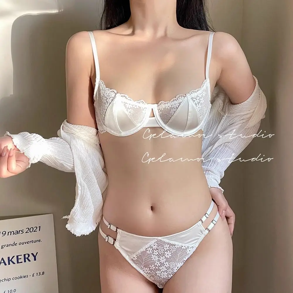 French sexy bra half cup ultra-thin lace large breasts show small chest pure desire to gather anti-sagging bra set