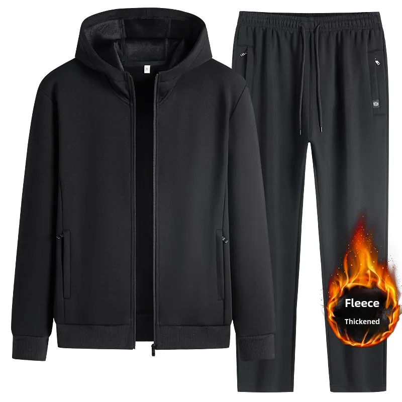 

Winter Men's Sports Set Casual Solid Color Zipper Design Hoodie Lined Thick Velvet Straight Leg Pants Casual Business Menswear