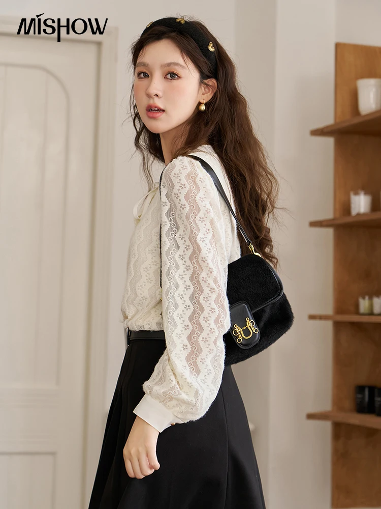 MISHOW French Bow Lace Blouse for Women 2023 Winter Autumn Fashion Button Up Long Sleeve Shirts & Blouses Top Female MXC53C0128