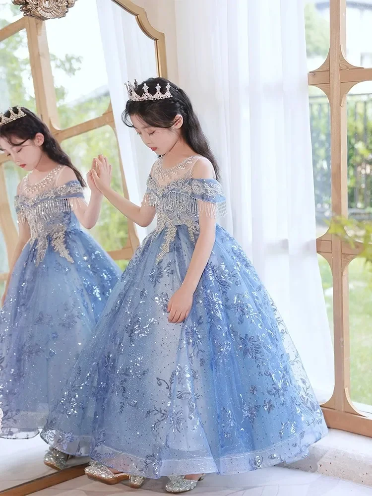 

GUXQD Blue Baby Flower Girl Dresses Sequins Shiny Children Prom Birthday Party Show Gowns