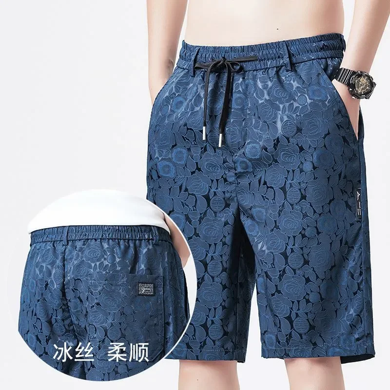 

Men's Ice Silk Casual Pants Summer Thin Quick-Dry Floral Print Loose Fit Trendy Five-Point Shorts