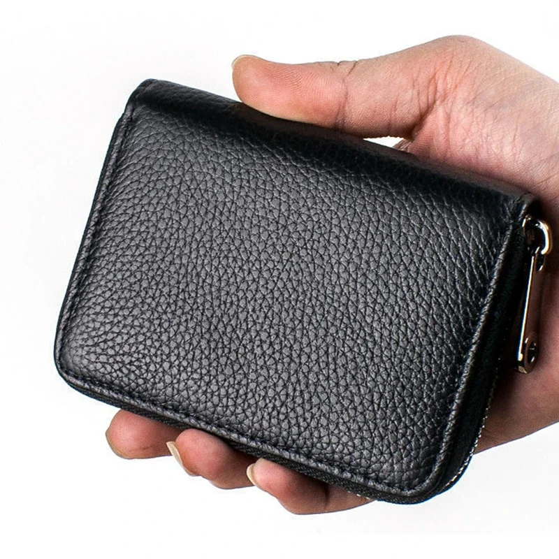 Genuine Leather Men Women Mini Short Wallet Cow Leather Coin Purse Solid Card Holder 20 Detents Card Slots Double Zipper Pocket