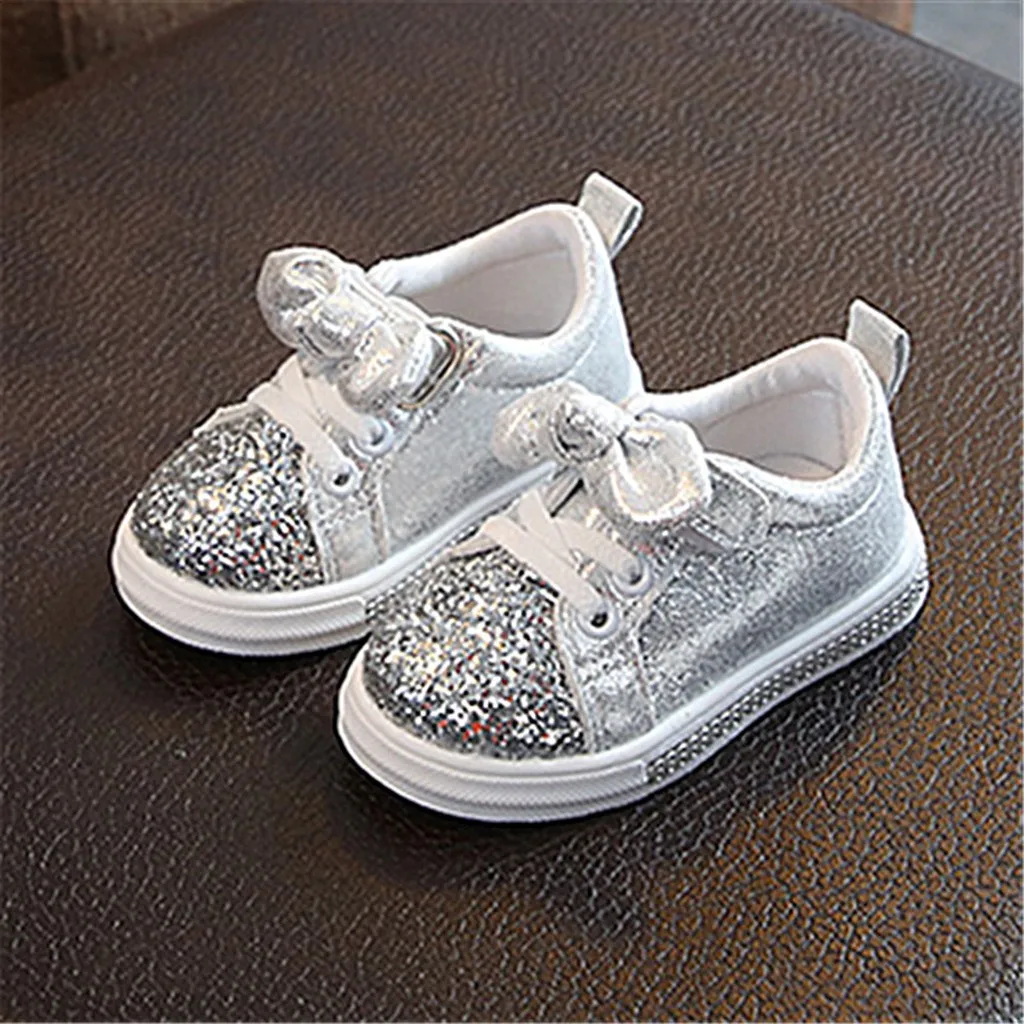 Sequins Shoes For Baby Girls Fashion Shiny Crystal Bowknot Baby Sport Shoes Girls Non Slip Comfortable Casual Walking Shoes