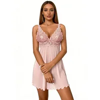 Pink Lace Sheer Lingeries for Women V-Neck Floral Embroidery Mesh Chemise Nightgown Sleepwear Sexy Nightwear Honeymoon Boudoir