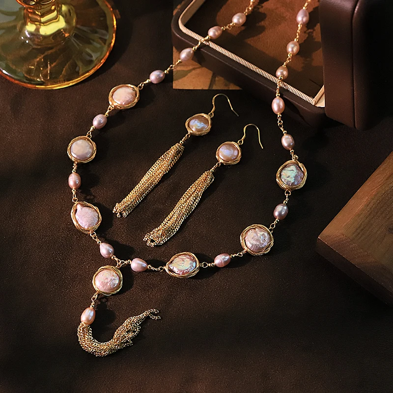 

Baroque Natural Freshwater Pearl Pearl Chain Earrings Necklace Set Luxurious Design Set Gift Wedding Banquet GS0215