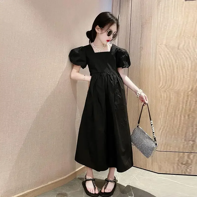 2023 NEW summer kids teenager Girls clothes black boat neck high waist long Backless dress baby fashion 5 6 7 8 9 10 11 12 year