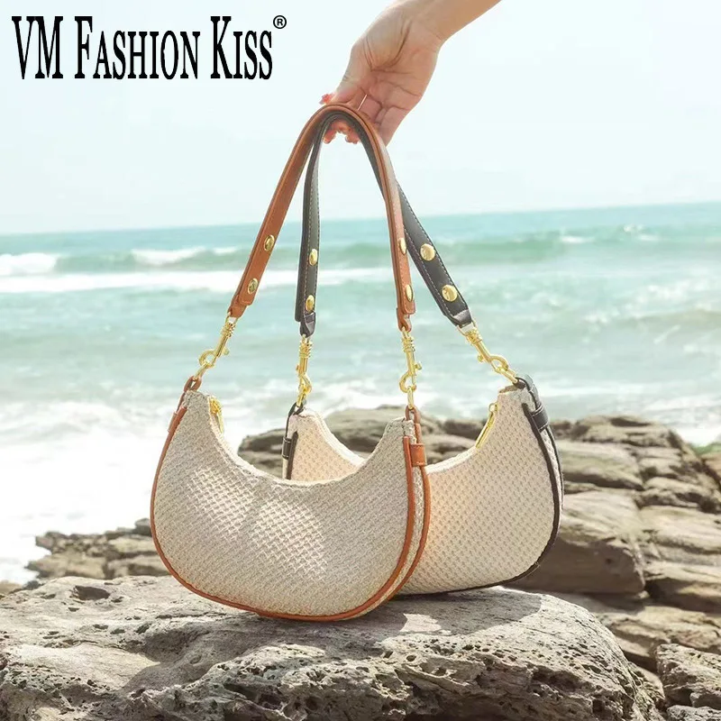 VM FASHION KISS Bohemia Women's underarm bag Straw + PU Knitting Half Moon handbags grass woven Crossbody Single shoulder bag