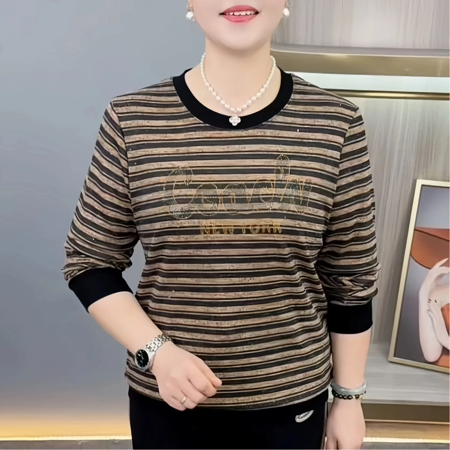 Spring Autumn Women's round Neck Striped Thin Loose Fit Long Sleeve T-Shirt Base Shirt Top Casual Comfortable Breathable Poly...