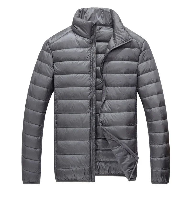 Schinteon Men Ultralight White Duck Down Jacket Thin Stand Collar Solid Color Simple Autumn Outwear