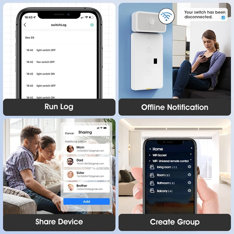 Smart Home Touch Panel Switch Wall Remote Control Wifi Fan Light Switch Tuya APP Voice Timing Control US-Plug White