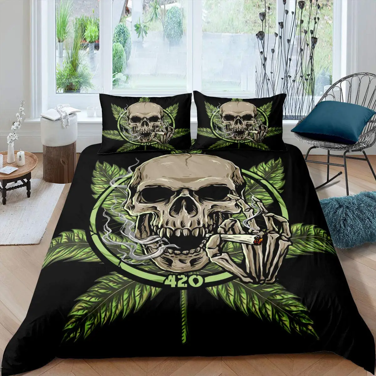 Marijuana Weed Leaf Boys Duvet Cover Set Skull Comforter Cover Set Green Cannabis Bedding Set Gothic Bones Bedspread Cover Sets