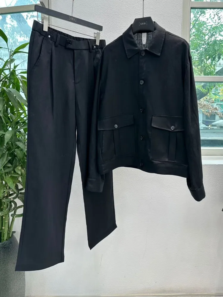 Mens Breathable Linen Two Piece Set Loose Fit Jacket Wide Leg Pants Business Work Matching Sets New Casual Comfortable Outfits