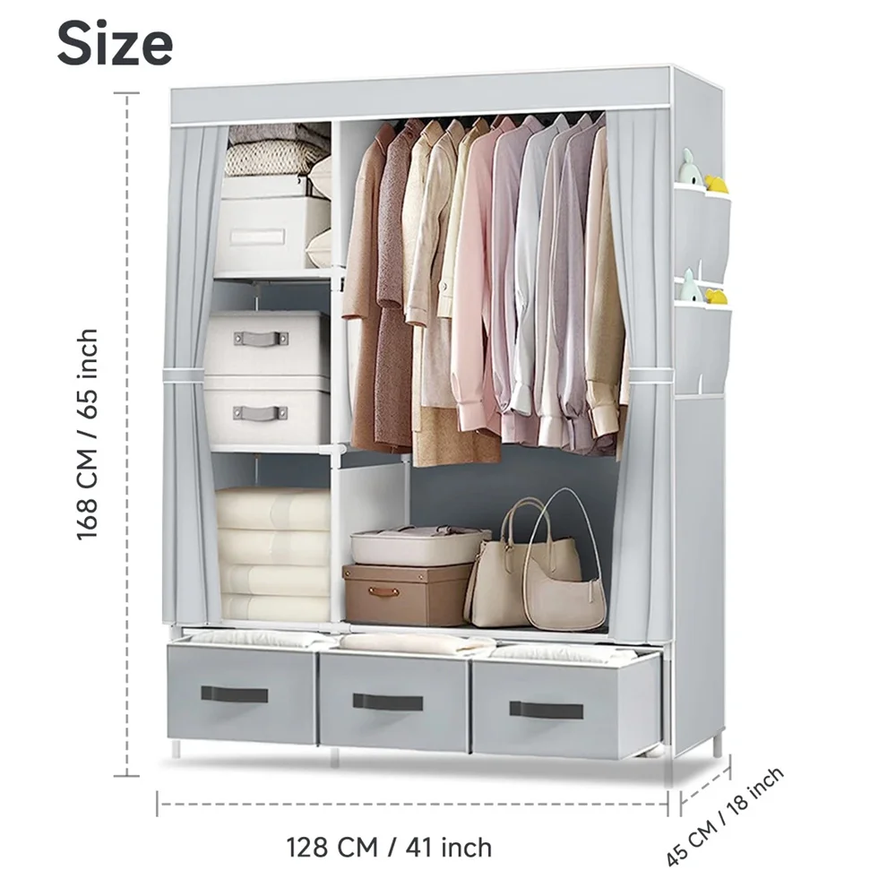 2025 خزانة ملابس محمولة جديدة كبيرة 65 بوصة مع أرفف معلقة 3 درج خزانة غرفة النوم خزانة تخزين المنزل #4