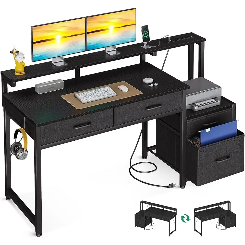 48 Office Desk with 4 Drawers, Printer Shelf, and Built-in Power Outlet for Small Spaces, Black