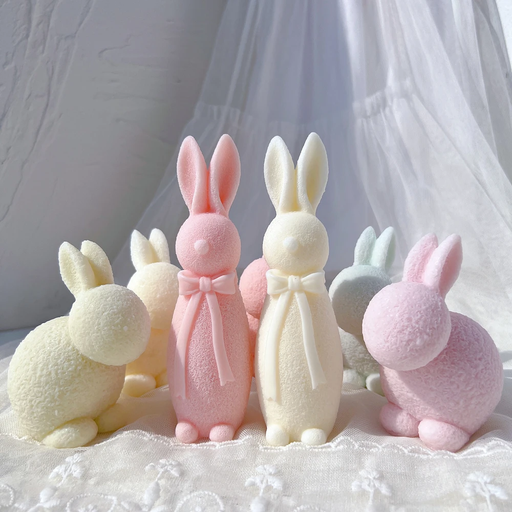 Two Designs Animal Bunnies Wax Mould Easter Home Decor Flocked Rabbit Silicone Candle Molds Bowknot Bunny Silicone Mold