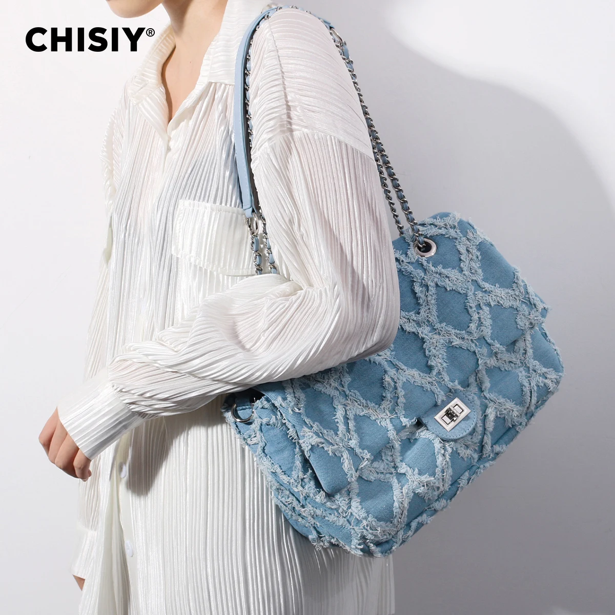 CHISIY Original Handmade Runaway Series Lingge Chain Large Capacity Commuter Shopping Shoulder Bag Valentine\'s Day Gift