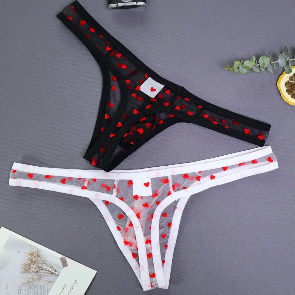 

Flocked Heart Print Bulge Sheer Mesh Thong for Men Ultra Thin Sexy T-back Underwear Gays Erotic Low Rise U Convex Pouch G-string