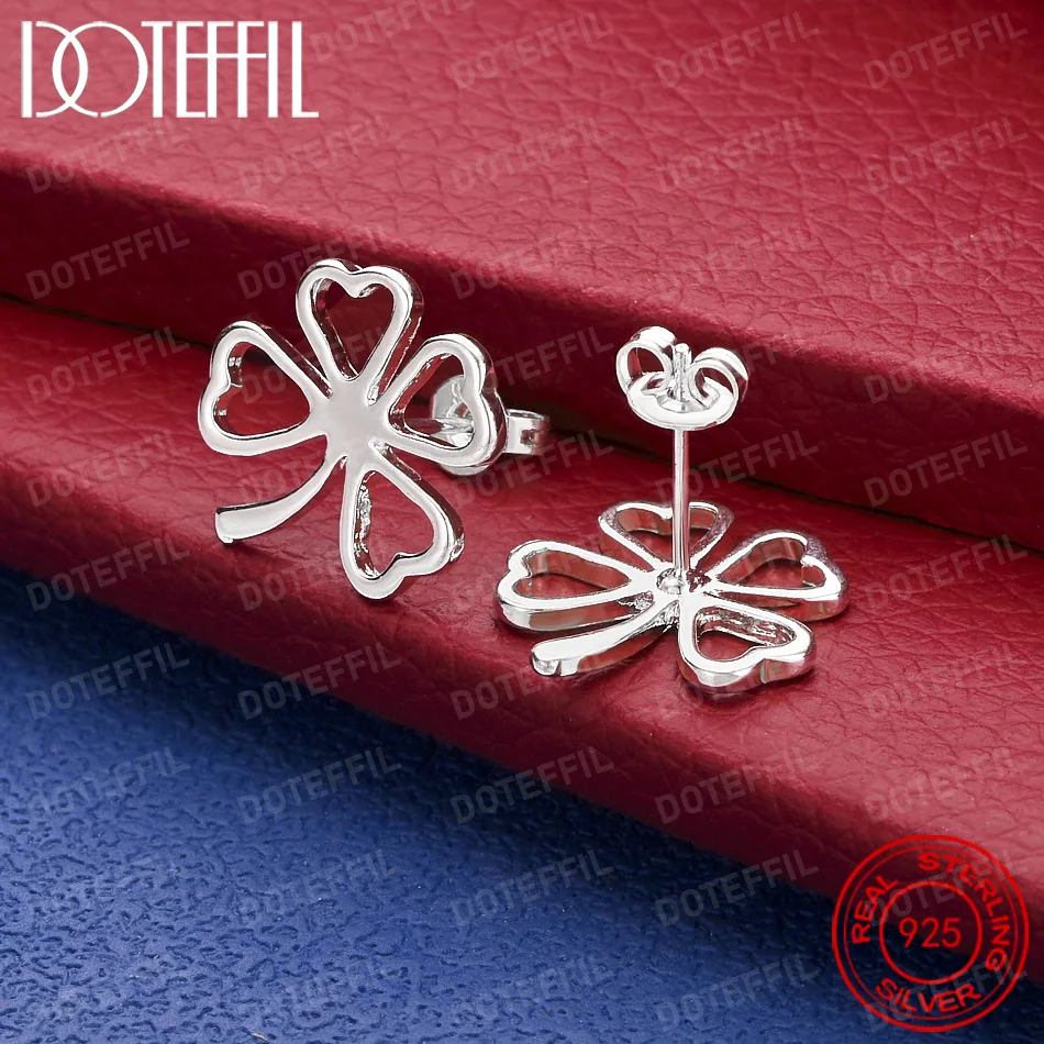 Elegant 925 Sterling Silver Exquisite Openwork Four-Leaf Clover Earrings for Women, Fashionable Party and Wedding Jewelry