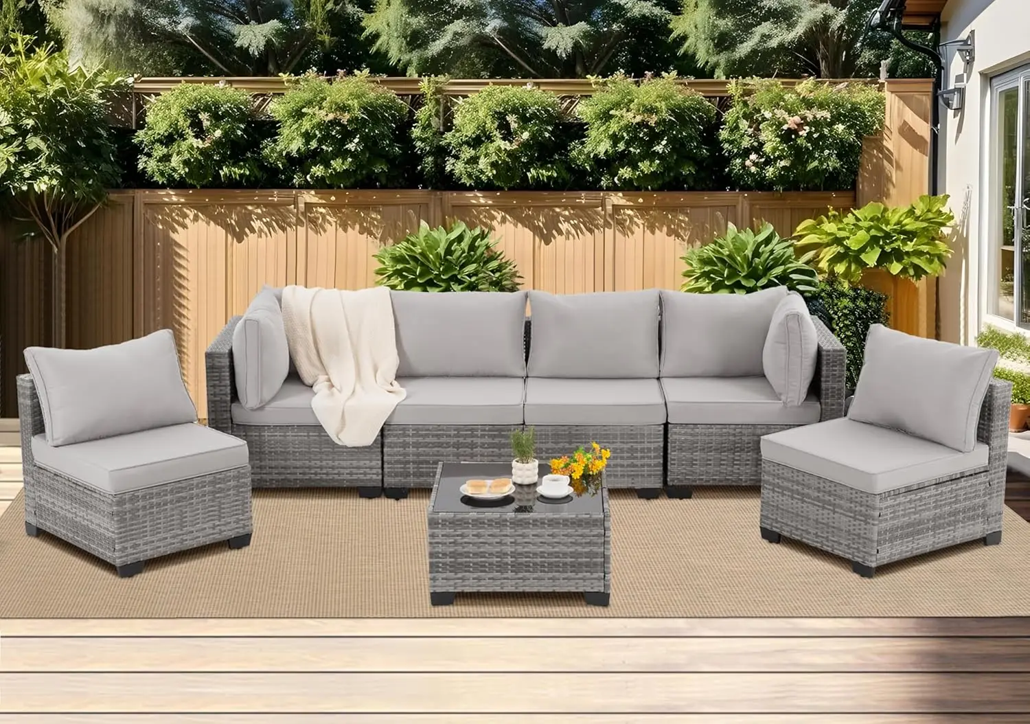 

7 Pieces Outdoor Sectional Sofa Sets Rattan Wicker Patio Conversation Sets All Weather Patio Furniture Sets with Cushions and Gl