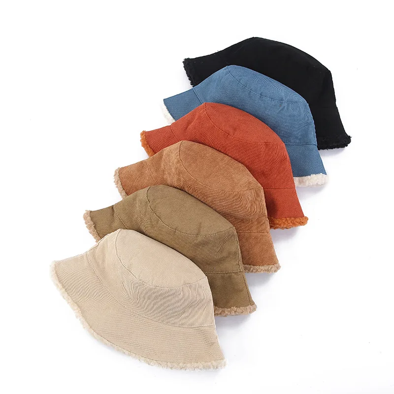 Costom Logo Reversible Faux Fur Bucket Hat Women Winter Corduroy Fisherman Hats Bob Lamb Wool Fleece Cap Thick Windproof Panama