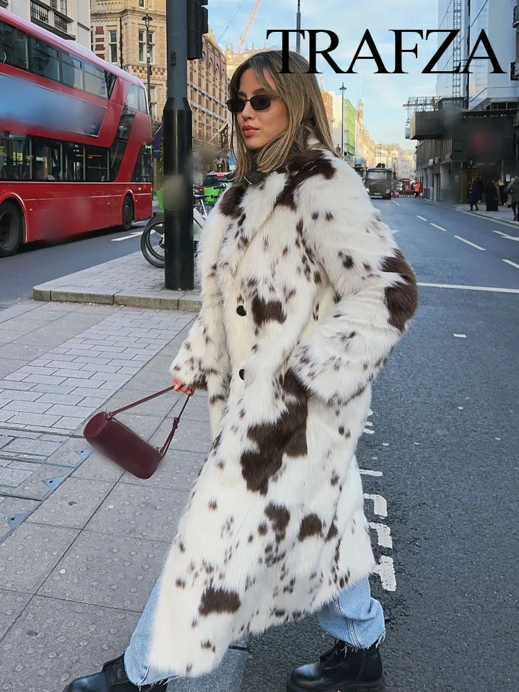 TRAFZA Woman Warm Thick Casual Animal Print Faux Fur Long Coats Women Winter Elegant Long Sleeve Lapel Single Breasted Jackets