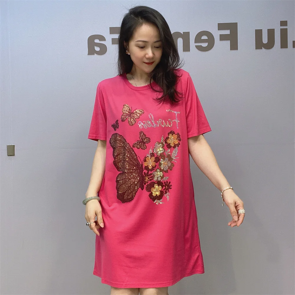 Fashion Butterfly Rhinestone Short Sleeve T-shirt Dress 2024 Summer New Round Neck Pullover Loose A- Line Casual Dress Women