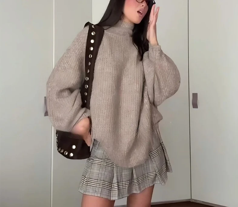 

Повседневные шикарные вязаные свитера цвета хаки для женщин, с полувысоким воротником, длинным рукавом, оверсайз, модные весенние мягкие топы для девушек