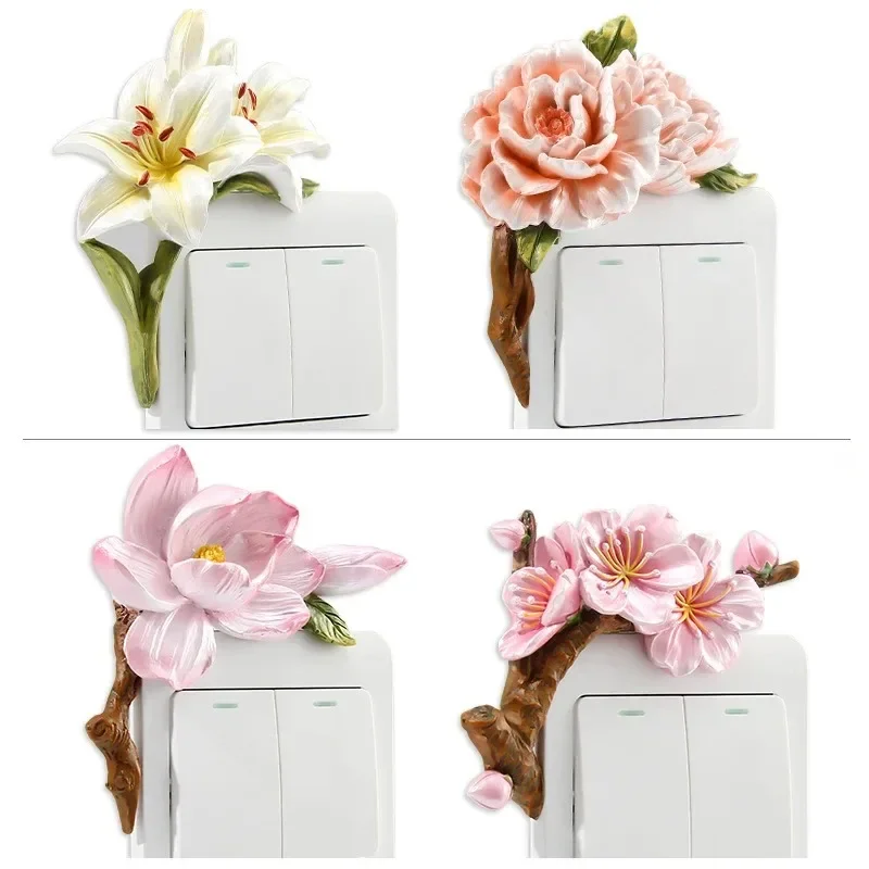 3D Floral Plant Resin Switch Stickers Decorative Wall Decals Light Switch Sticker Miniature Ornament Room Decor Home Decoration