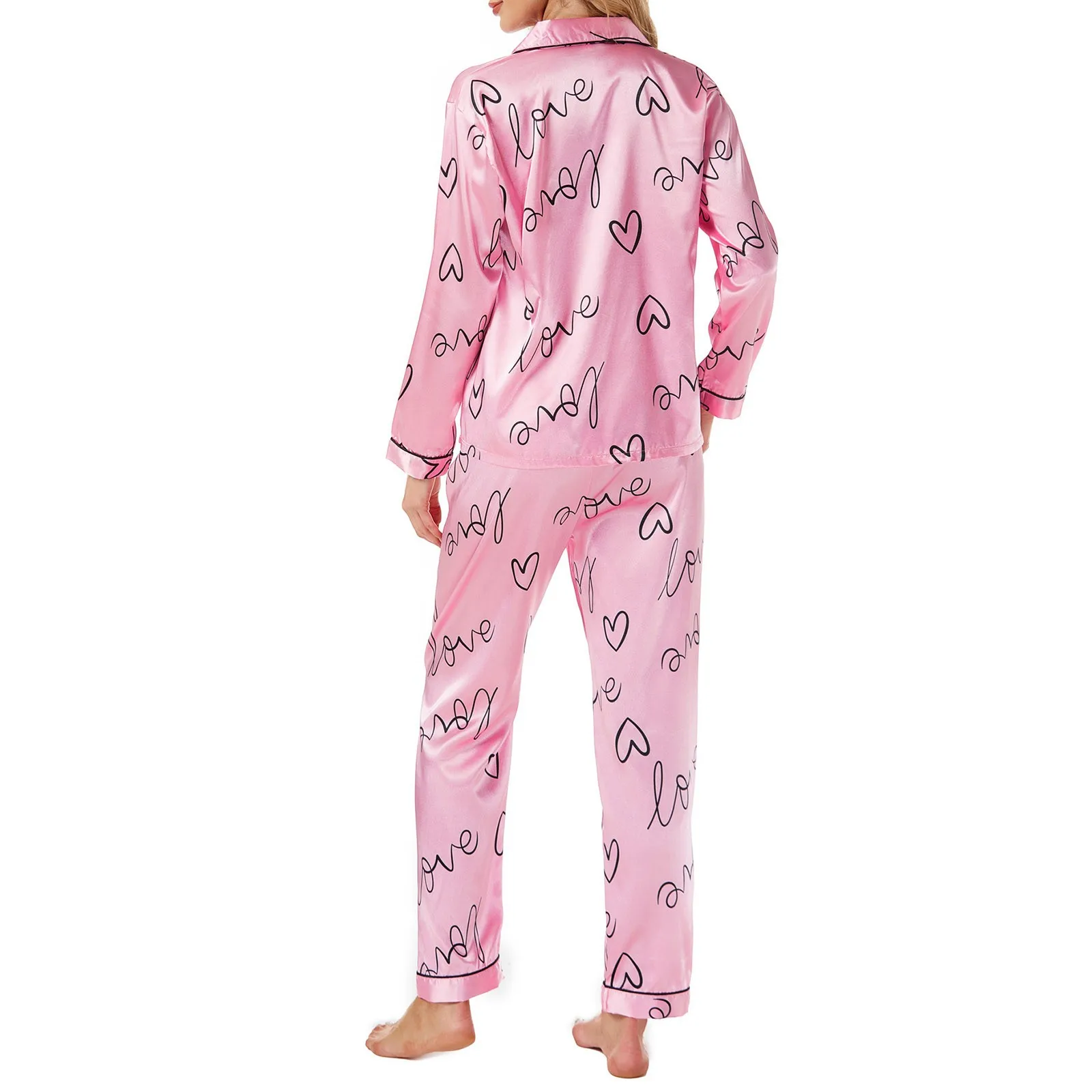 Women Ice Silk Pajama Sets Homewear Casual Love Print Long Sleeve Pajamas Pants Set Home Clothing Pajama Sleepwear For Women