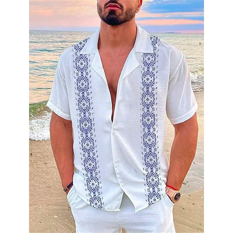 Fashion new men\'s shirt Hawaiian shirt geometric print Cuba collar white Hawaiian short sleeve plus size high quality coat