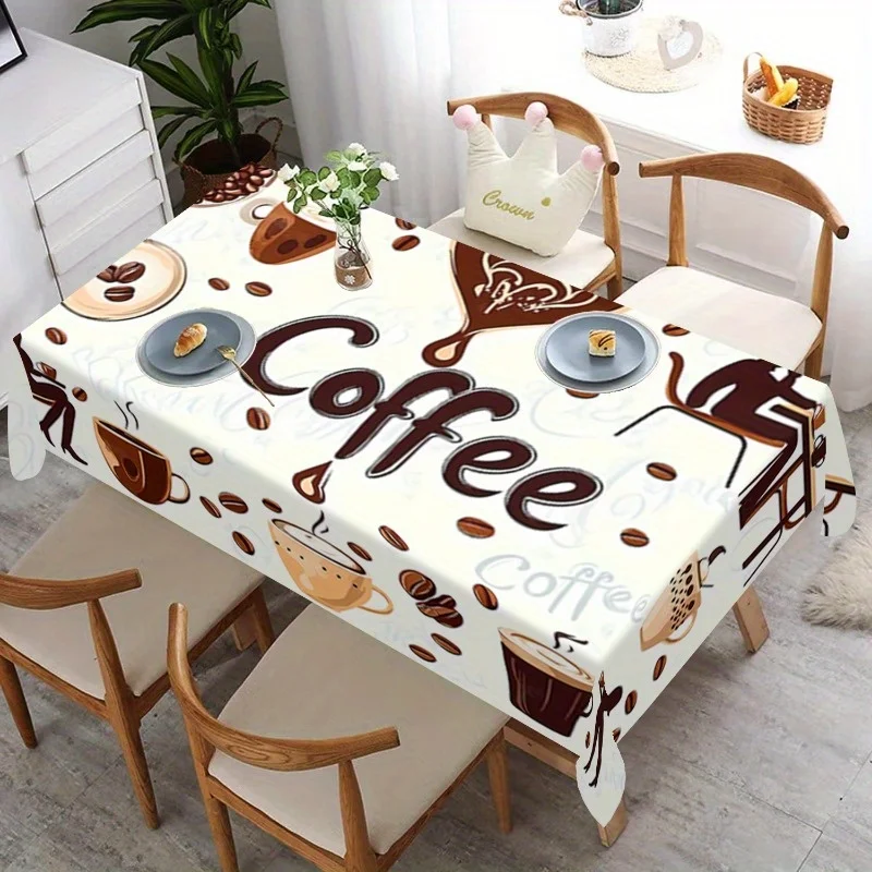 One white coffee-themed tablecloth - featuring vintage coffee beans and cups patterns
