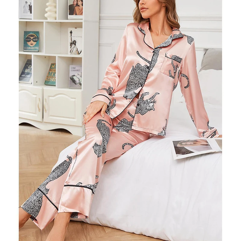 Silk Satin Print Pajamas For Women\'s Autumn Long Sleeve Cardigan Trousers Sets Button Home wear Suit Sleepwear Lapel Nightwear