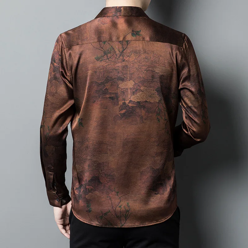 

High Quality Real Silk Heavy Yarn Long Sleeve Men's Shirt New Middle-Aged Business Casual