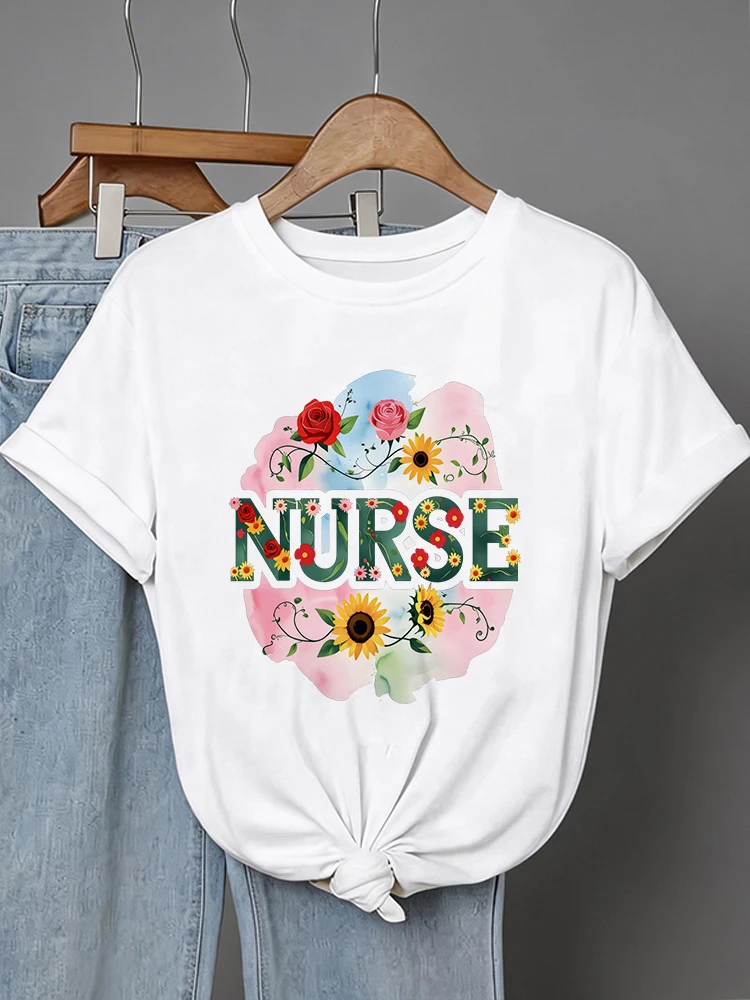 Nurse Element Print T-shirt with Flower Design 90s Short Sleeve Casual Tops Women's Graphic T Shirt Outfit Y2k Tshirtt Clothes