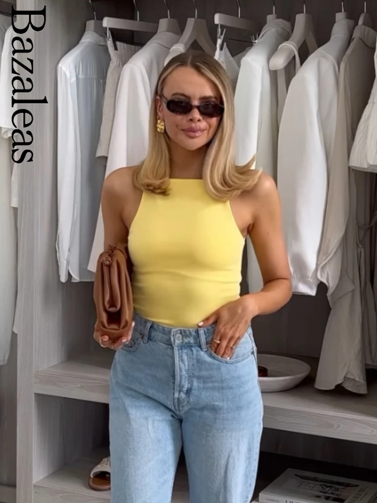 Bazaleas Y2K Canotta da donna gialla sexy con spalline sottili Crop Top Canotta basic