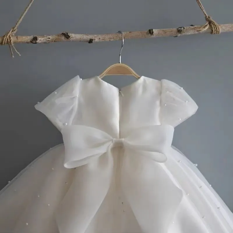 Vestido pérola vintage com manga folhada para meninas, vestido de tule, vestido tutu para festa de casamento e aniversário, roupas elegantes para crianças de 1 a 10 anos