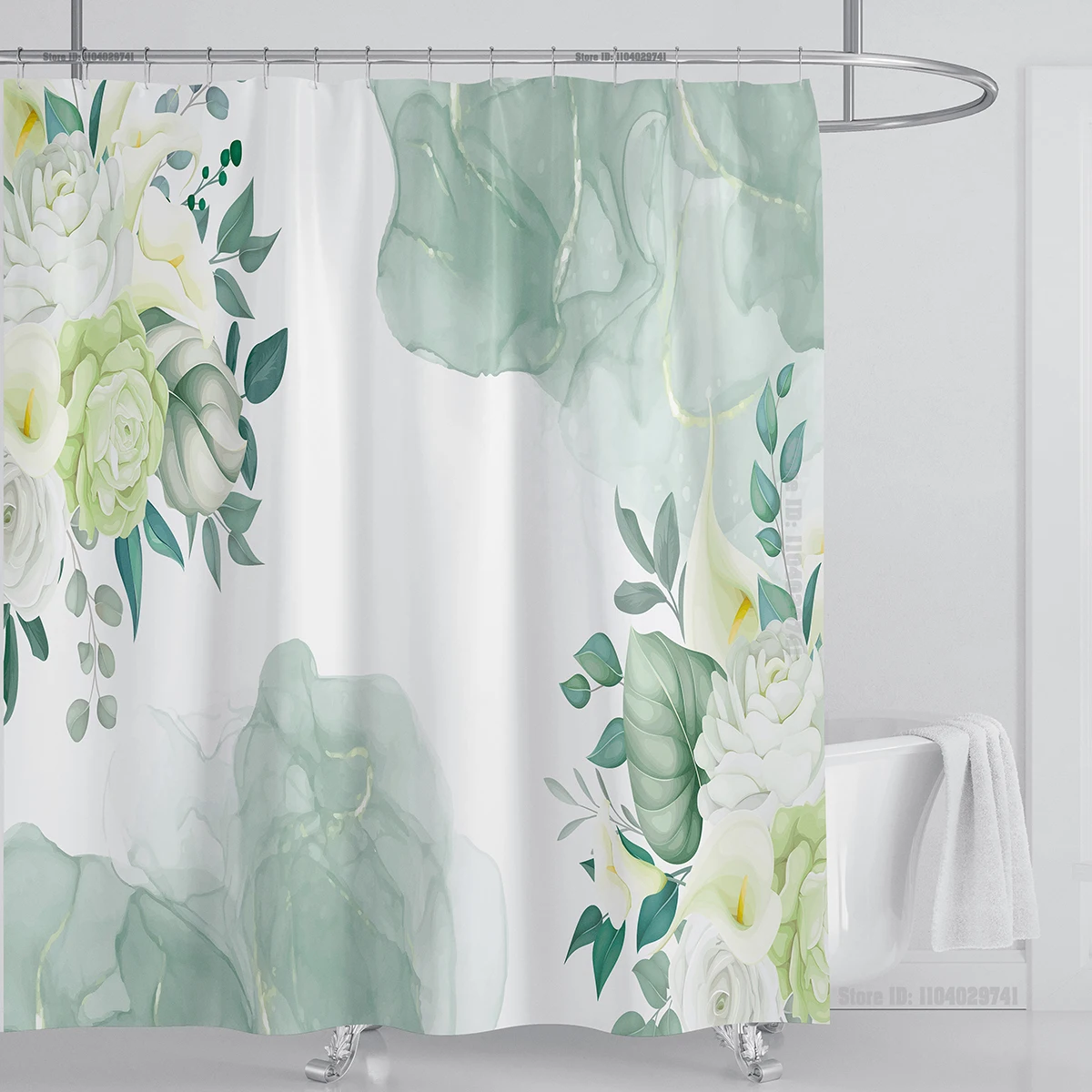 Watercolor Leaf Shower Curtain Sets Waterproof Plant Floral Shower Curtain Leaves Fabric Cloth Bathroom Curtains with Hooks