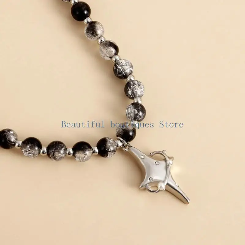 U4LF Female Trend Collarbone Chain Four-pointed Star Necklace Student Simple Temperament Black and White Beaded Necklace