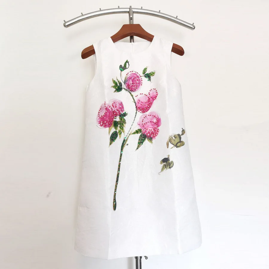 

Summer 2025 new styles of European and American women's clothing Sleeveless beaded flower print Jacquard dress XXL