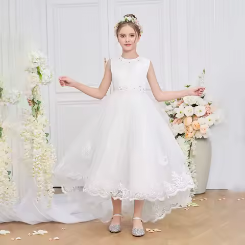 Formal White Flower Bridesmaid Girls Dress Trailing Baptism Wedding Princess Party Prom Dress Girl Elegant Birthday Evening Gown