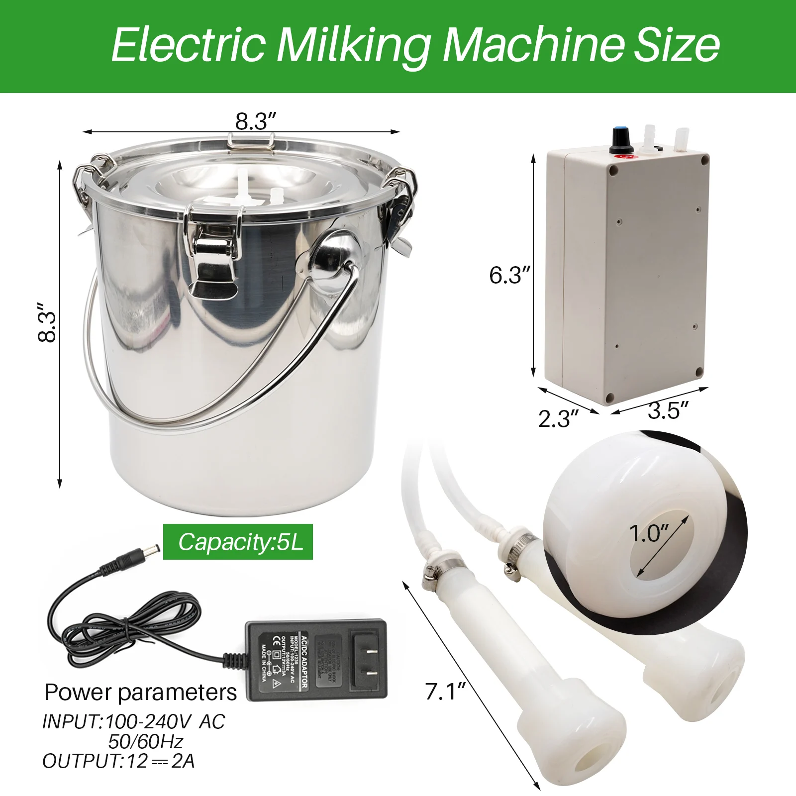 5L Electric Pulsator Milk Milking Machine For Goat Cattle Sheep Milker Integrated Vacuum Pump Chargeable Stainless Steel Bucket