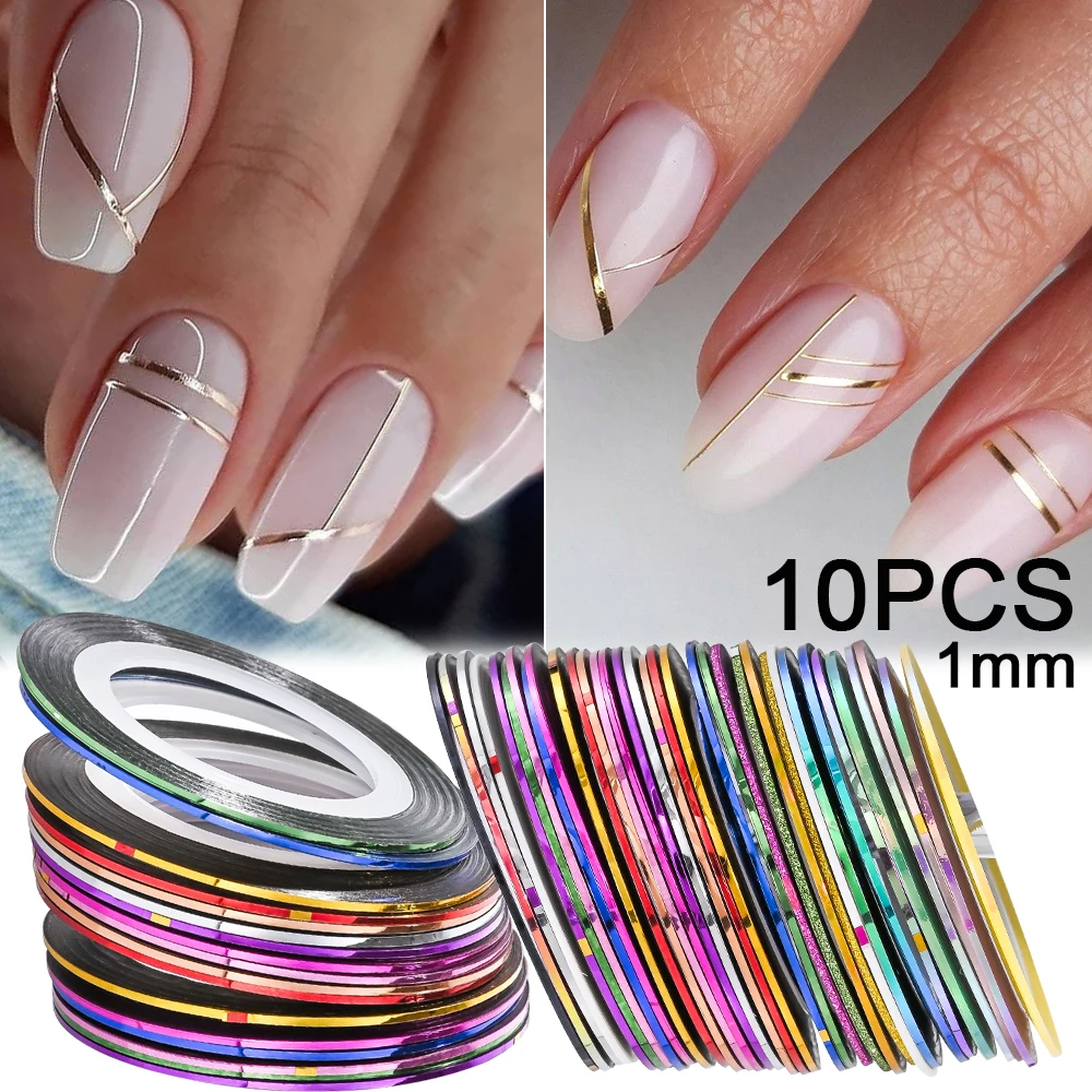 10 Stück Mixed Laser 1/2/3 mm Nagelstreifenband, Gold Metallic Linie 3D Nail Art Werkzeuge Nagelaufkleber DIY Nagelspitzen Aufkleber Dekorationen