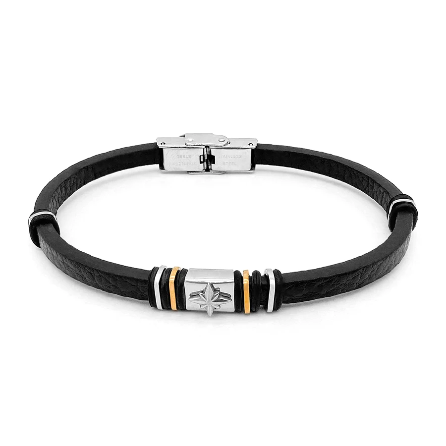 

Runda Men's Bracelet Black Chain with Nautical Compass Stainless Steel Adjustable Size 22cm Genuine Leather Bracelet for Men